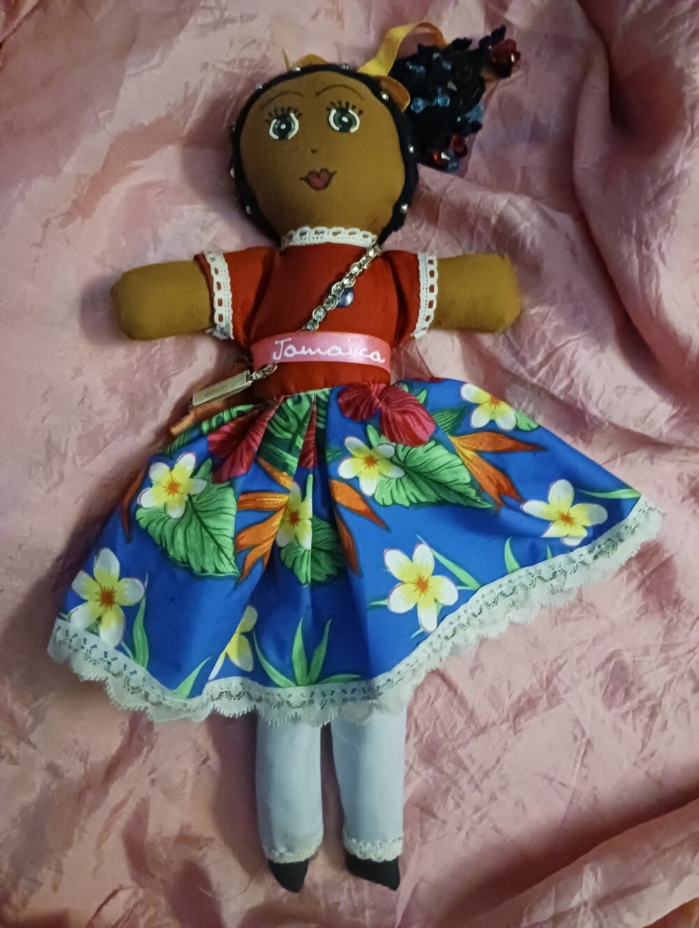 Handmade Jamaica Floral Blue Skirt Doll - 14in Long
